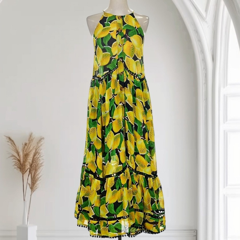 Farm Rio Lemon Print Halter Midi Dress Women's XS Lined‎ Tropical